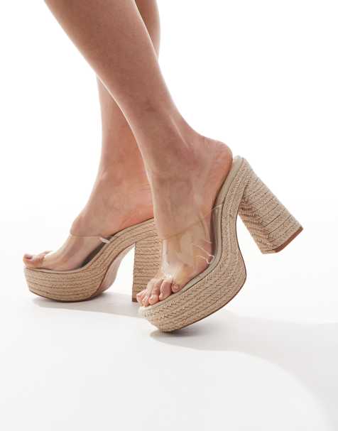 Bershka - Sandales à talon style espadrilles avec bride transparente - Naturel - view 1
