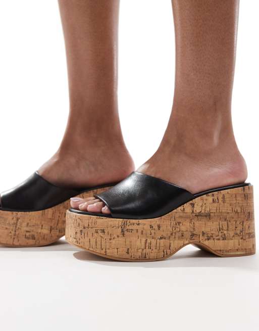 Bershka - Sandales avec semelle plateforme en liège - Noir/naturel, 3 de 4