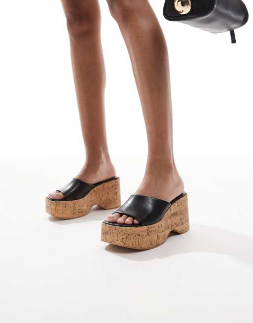 Bershka - Sandales avec semelle plateforme en liège - Noir/naturel, 4 de 4