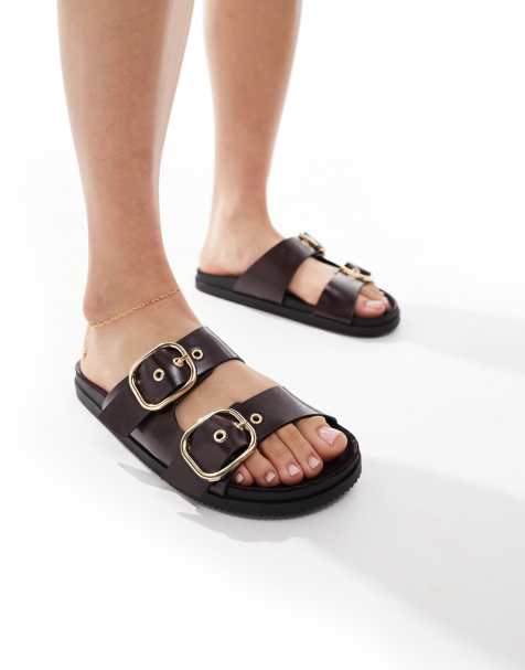 Bershka - Sandali bassi marroni con fibbie - view 1