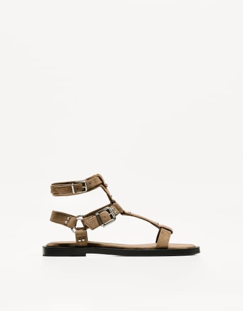 Bershka - Sandali bassi stile sliders color cuoio con fibbie - view 1