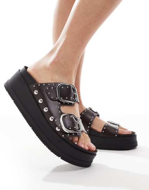 Bershka - Sandali marroni con fibbie e suola flatform - view 1