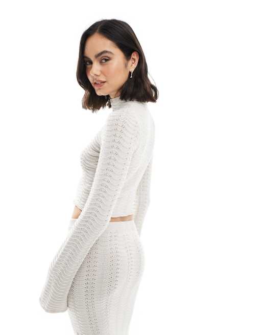 Bershka – Sandfärgad, hålstickad topp, del av set, 4 av 4