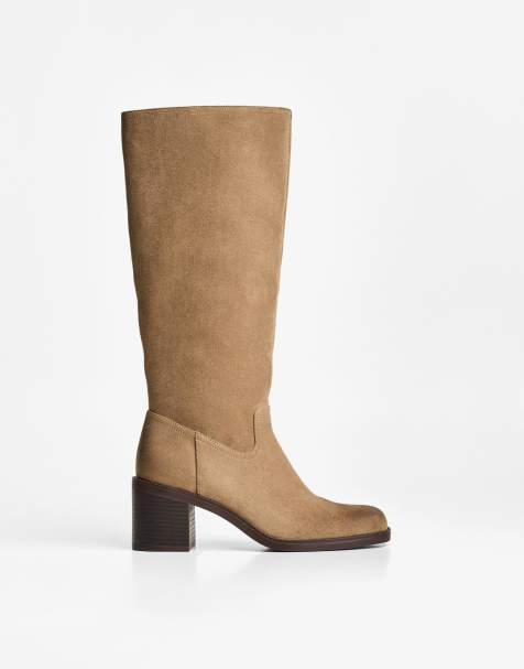 Bershka – Sandfärgade, slitna, högklackade stövlar - view 1