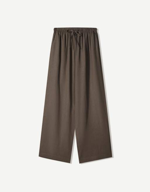 Bershka - Sandfarvede hørrige bukser med elastisk taljebånd, 3 af 4