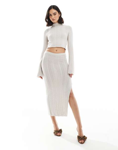 Bershka - Sandfarvet sæt med top og bukser i hulstrik - view 1