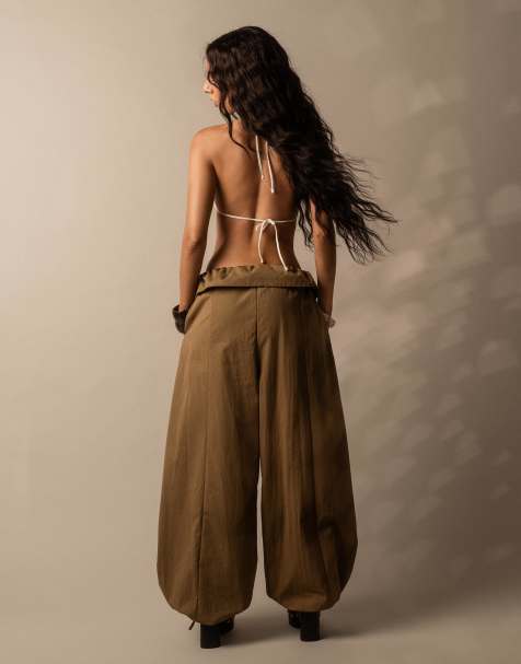 Bershka - Sarouel broek met omgeslagen taille in groen - view 1