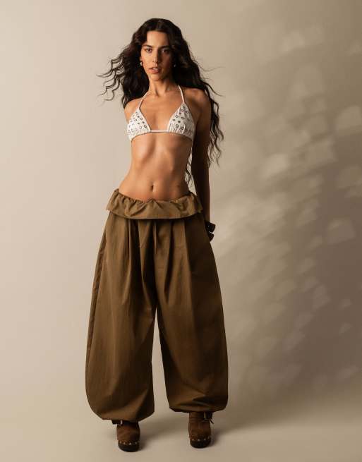 Bershka - Sarouel broek met omgeslagen taille in groen, 3 van 4