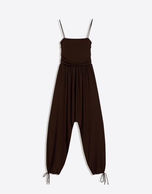 Bershka Sarouel jumpsuit in brown, 4 of 4
