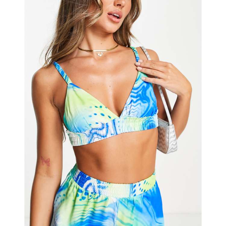 Bershka satin bralette in tropical mixed blue print - part of a set