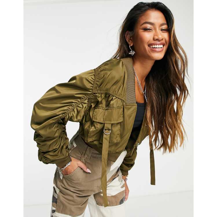 Khaki satin bomber jacket store