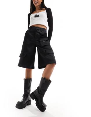 Bershka Satin Cargo Longline Shorts In Black