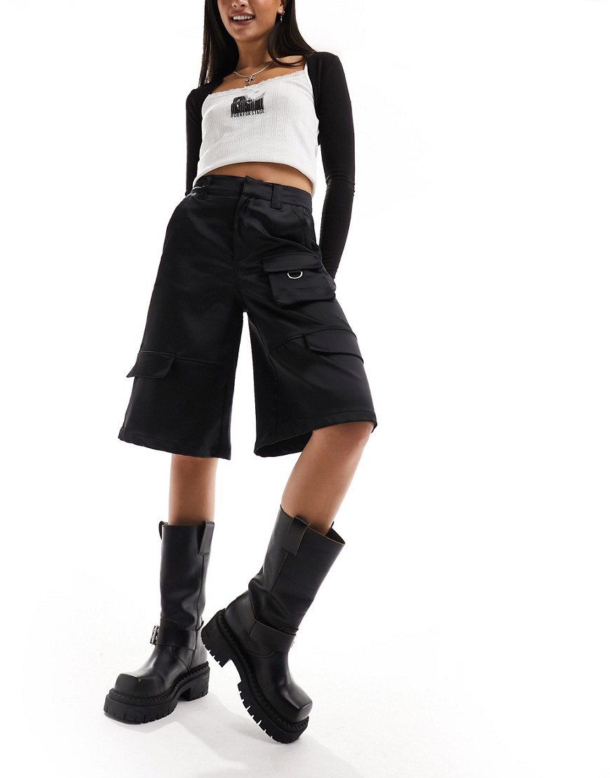 satin cargo longline shorts in black