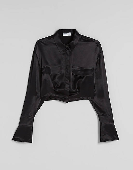 Tops Shirts & Blouses/ Bershka satin cropped shirt in black 