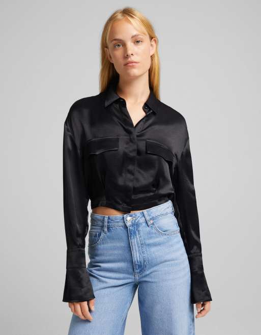 Bershka satin cropped shirt in black ASOS