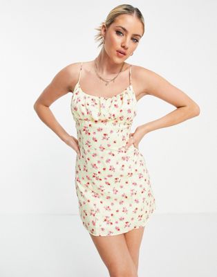 Bershka satin floral printed dress in lemon print with lace up back