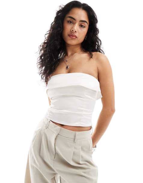 Bershka satin fold over bandeau top in ecru - view 1