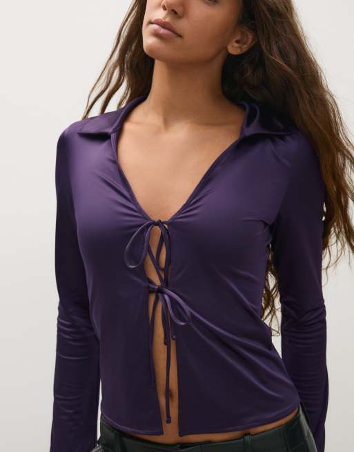 Bershka satin langærmet T-shirt med sløjfer i lilla, 2 af 5