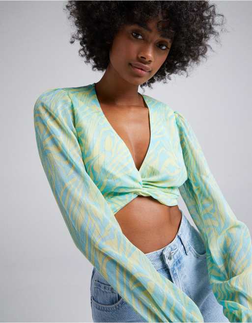 Satin Patterned Twist Front Crop Top