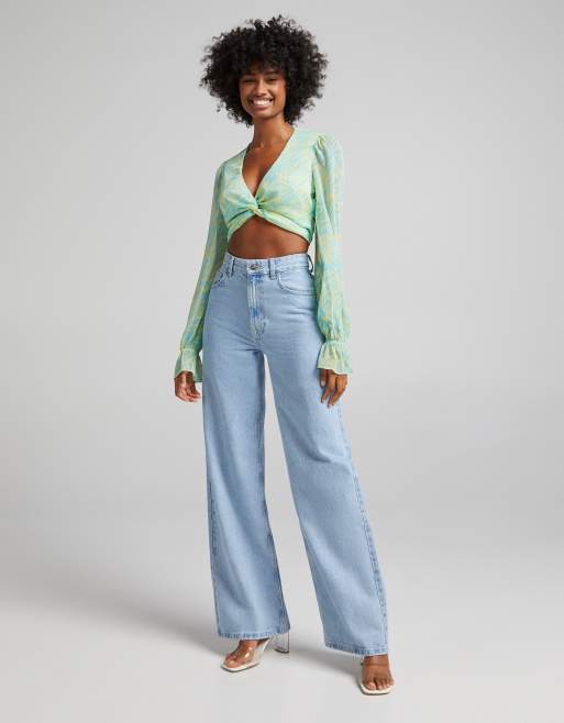 Bershka satin long sleeve crop top in retro green print