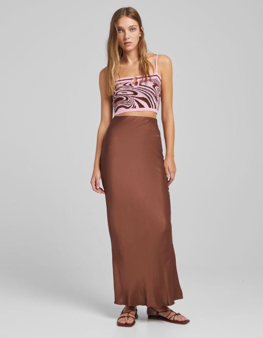 Brown satin hotsell maxi skirt