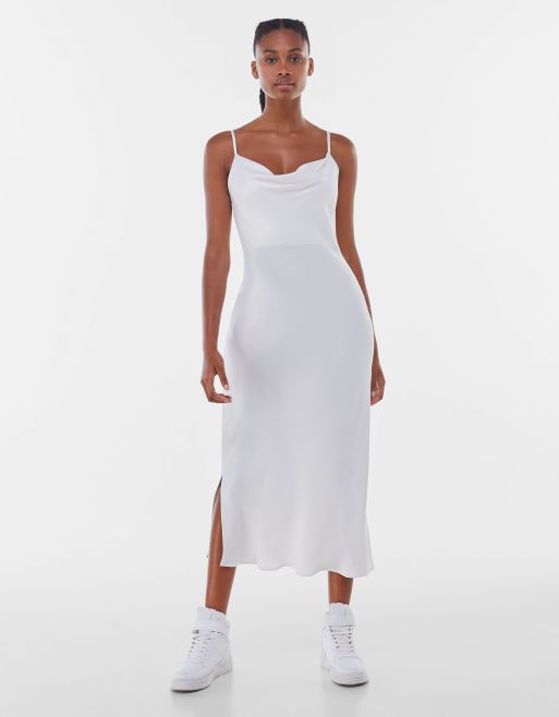 Bershka Satin Midi Dress In White