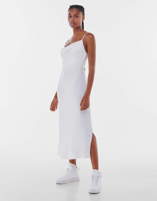 Bershka satin midi dress in white