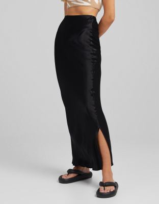 Bershka satin midi skirt in black