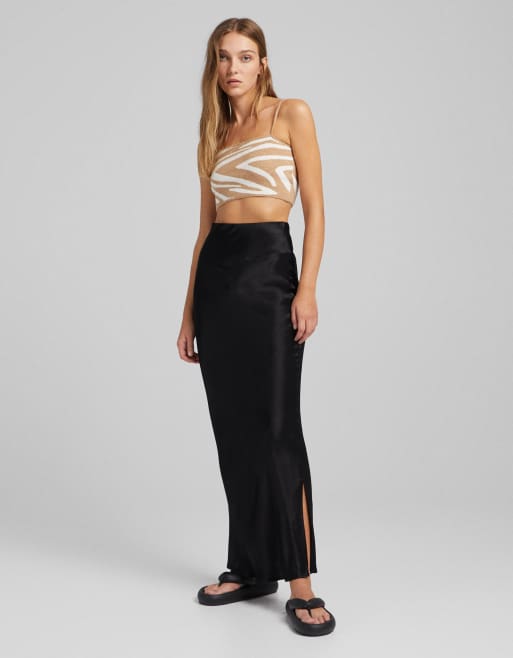 Bershka satin midi skirt in black