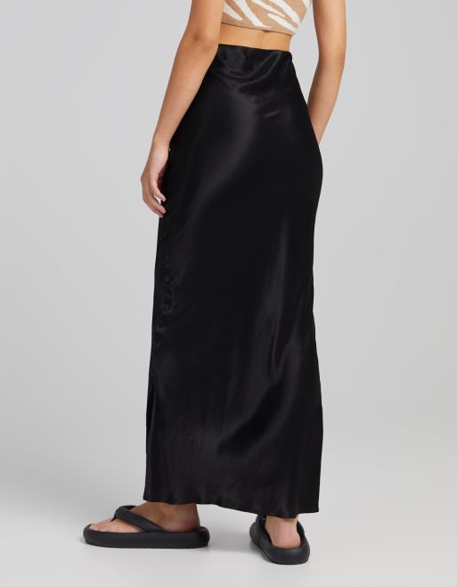 Bershka satin midi skirt in black