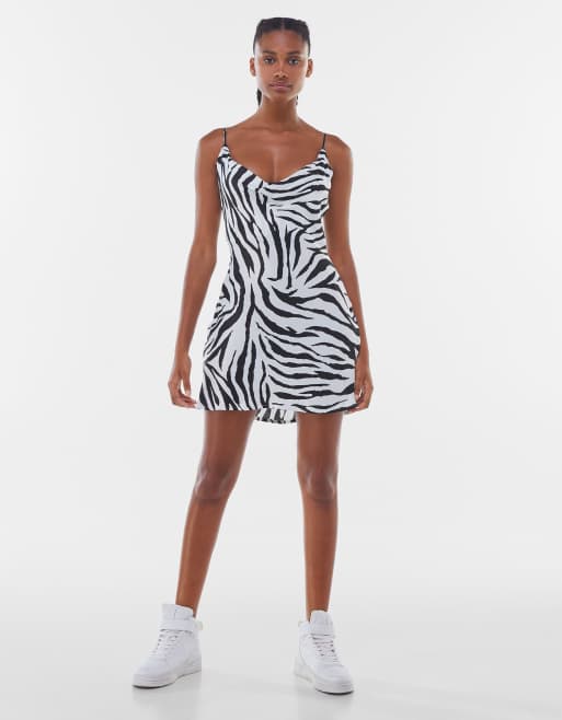 Bershka mini zebra print dress in mono | ASOS