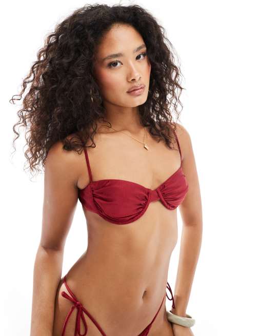 Bershka satin tie front bikini top in burgundy - part of a set