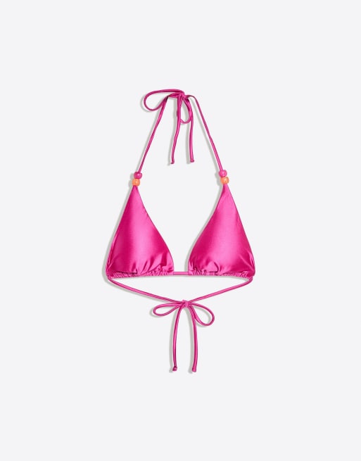 Bershka Satin triangle bikini top in pink bright, 2 of 4