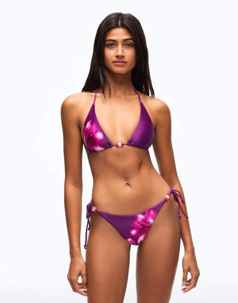 Bershka Satin triangle bikini top in purple - view 1