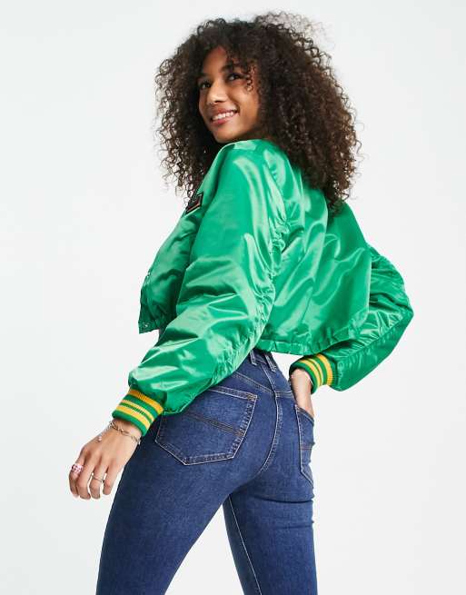 Green satin 2025 bomber jacket womens