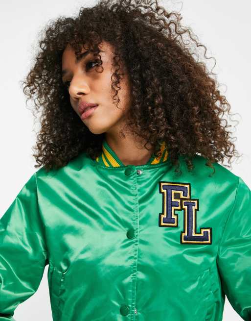 Bershka varsity bomber jacket in green