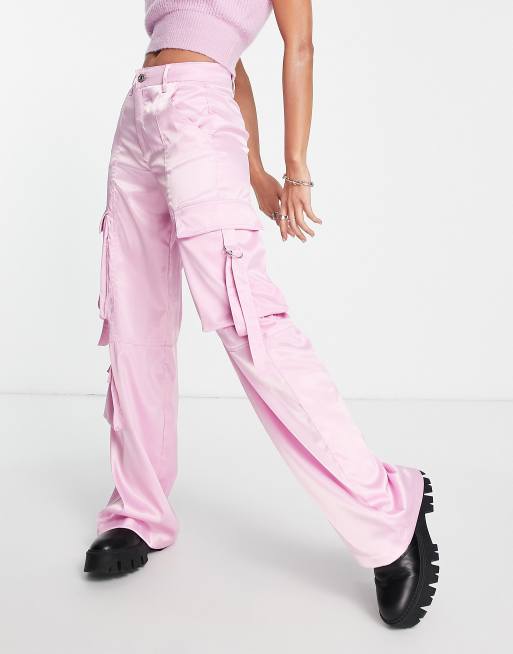 Bershka satin wide leg cargo pants in bright pink