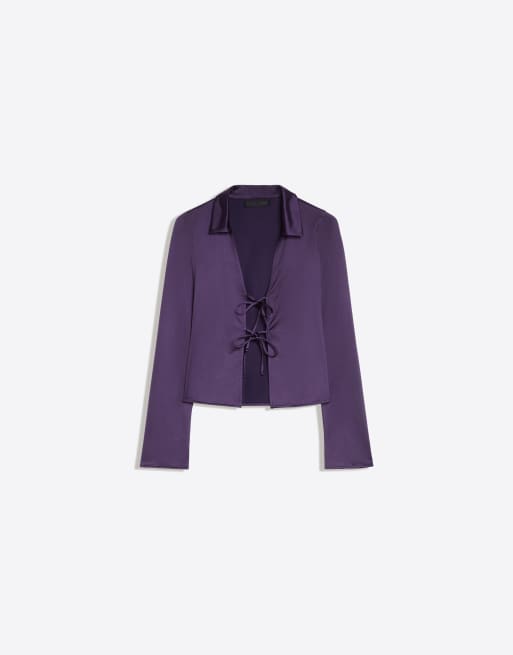 Bershka satinlångärmad t-shirt med rosetter i lila, 5 av 5