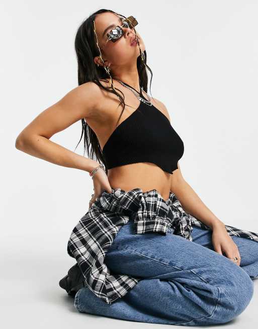 ASOS DESIGN crop top with halter neck in black