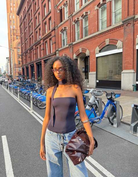 Bershka Scarf-style bandeau top in navy