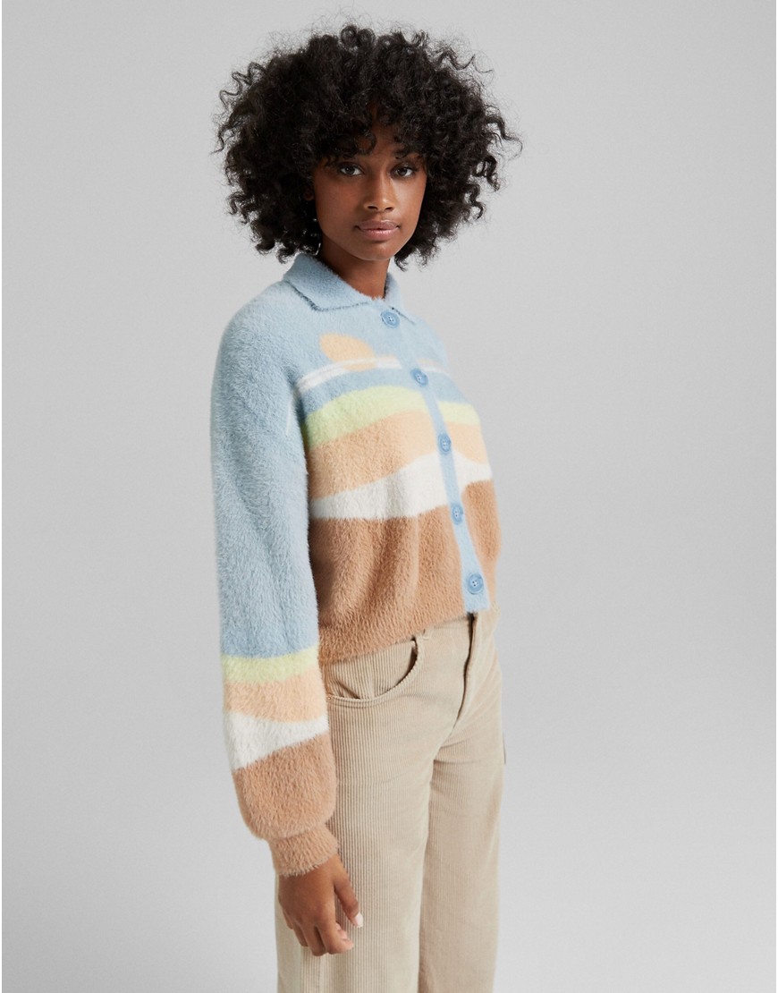 Bershka scenescape print collared sweater in multi