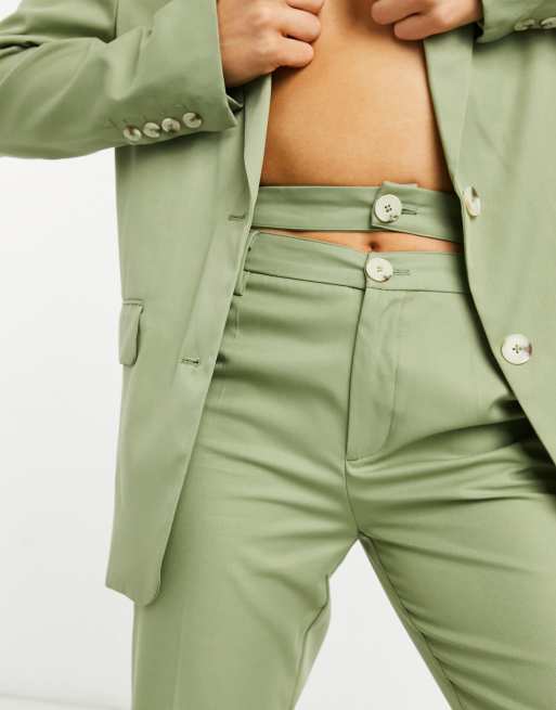 Bershka – Schicke Hose mit zweifachem Bund in Olivgrün, Kombiteil, 3 von 4