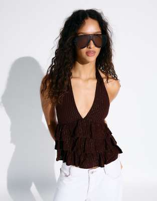 Bershka - Schimmerndes Oberteil in Braun mit Rüschen-Brown