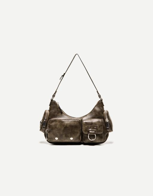 Bershka – Schultertasche in Braun mit mehreren Taschen, 2 von 4
