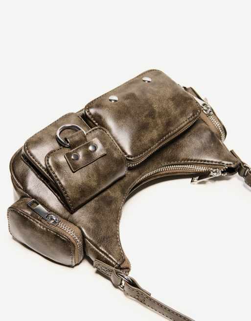 Bershka – Schultertasche in Braun mit mehreren Taschen, 4 von 4