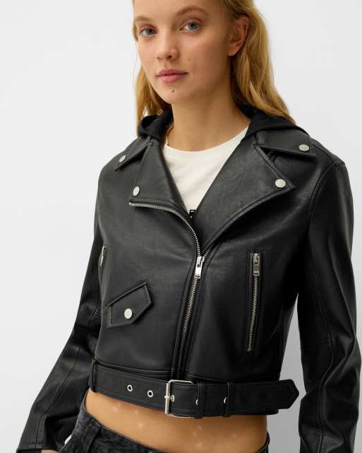 Bershka – Schwarze Bikerjacke aus Kunstleder  , 3 von 4