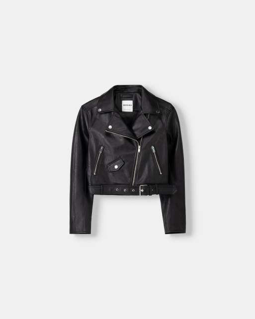 Bershka – Schwarze Bikerjacke aus Kunstleder  , 4 von 4