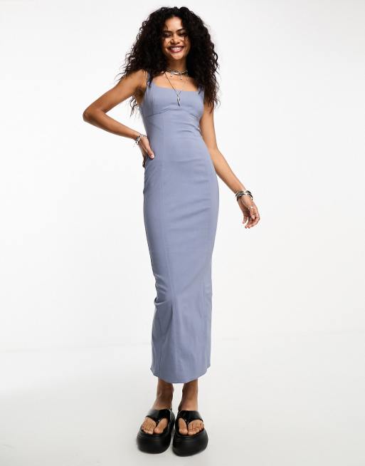 Bershka scoop neck bodycon midi dress in denim blue