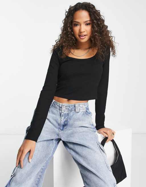 Bershka scoop neck long sleeve top in black