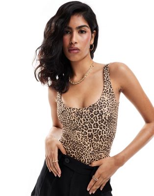 Bershka scoop neck slinky bodysuit in leopard print Sale